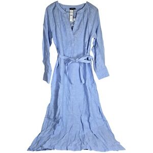 J. Crew Cabana dress in linen French Blue CI918‎ M NWT V Neck Long Sleeve Belted